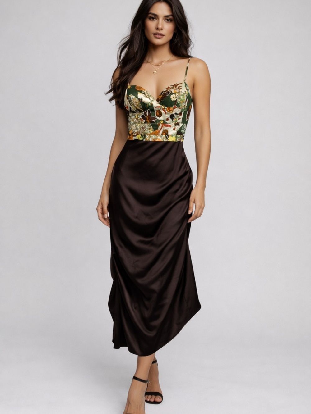 Y2K Vintage Slip Dress Floral Satin Bust Brown Midi 2000s S